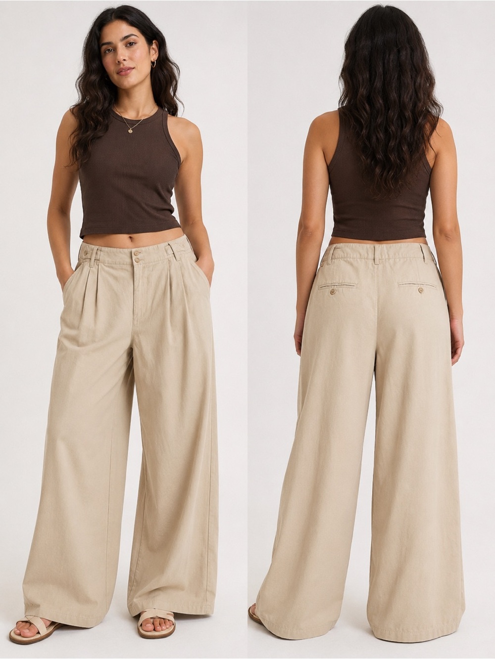 Madewell Beige Wide-Leg Pleated Chino Pants